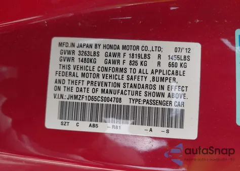 2012 Honda Cr-Z Ex z USA, uszkodzony, nr VIN JHMZF1D65CS004708